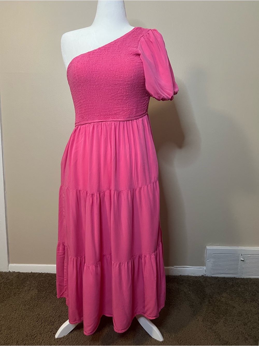 Zesica Hot Pink One Shoulder Smocked Dress With Puff Sleeve